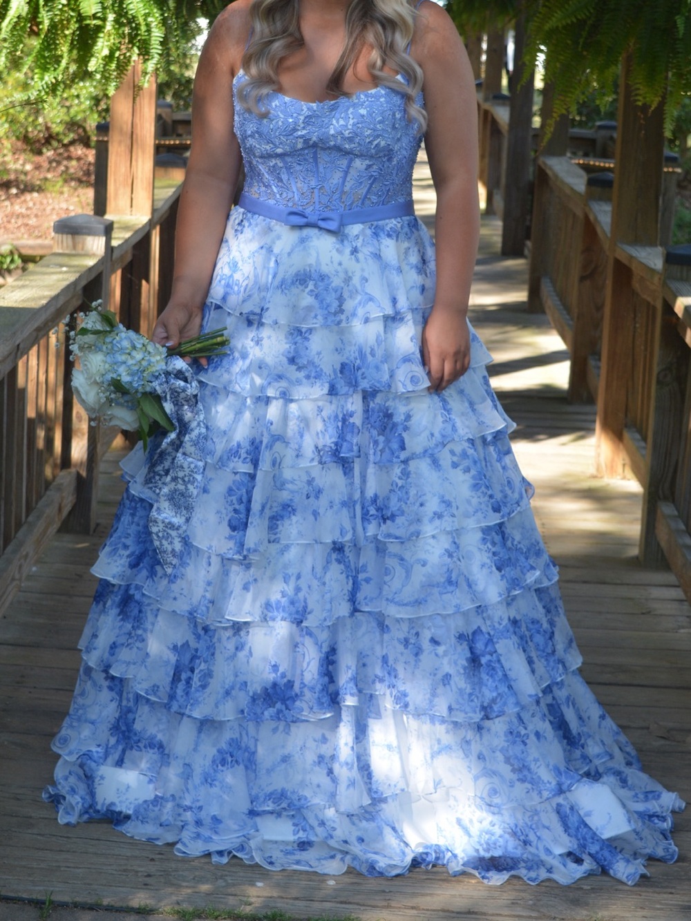 Blue Floral Tiered Ruffle Prom/Pageant/Bridesmaid Dress with Bow - Picture 4 of 5